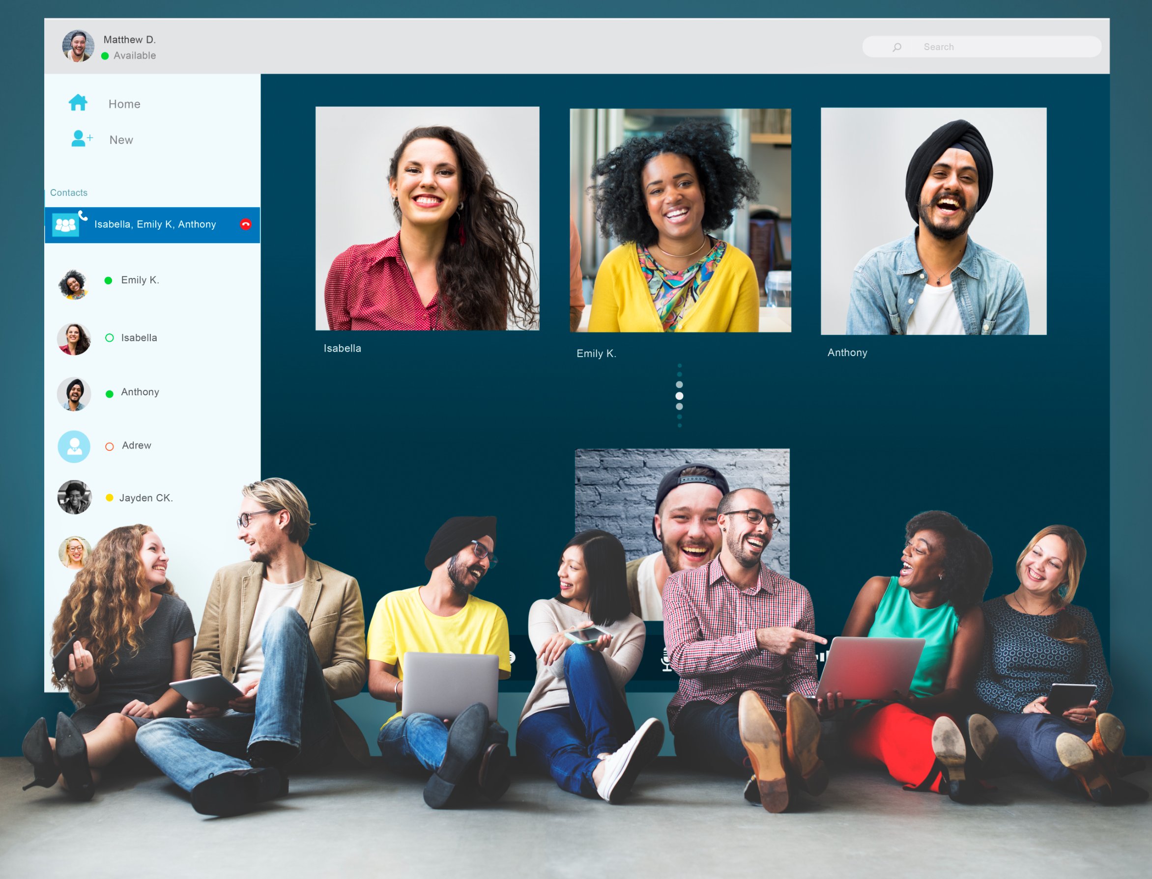 colorful photo of multiple people sitting on a floor talking with a zoom screen in the background