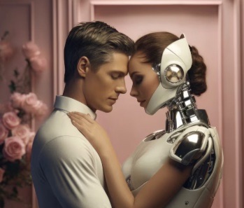 A couple face to face, a man on the left and an AI bot depicted as a young woman on the right