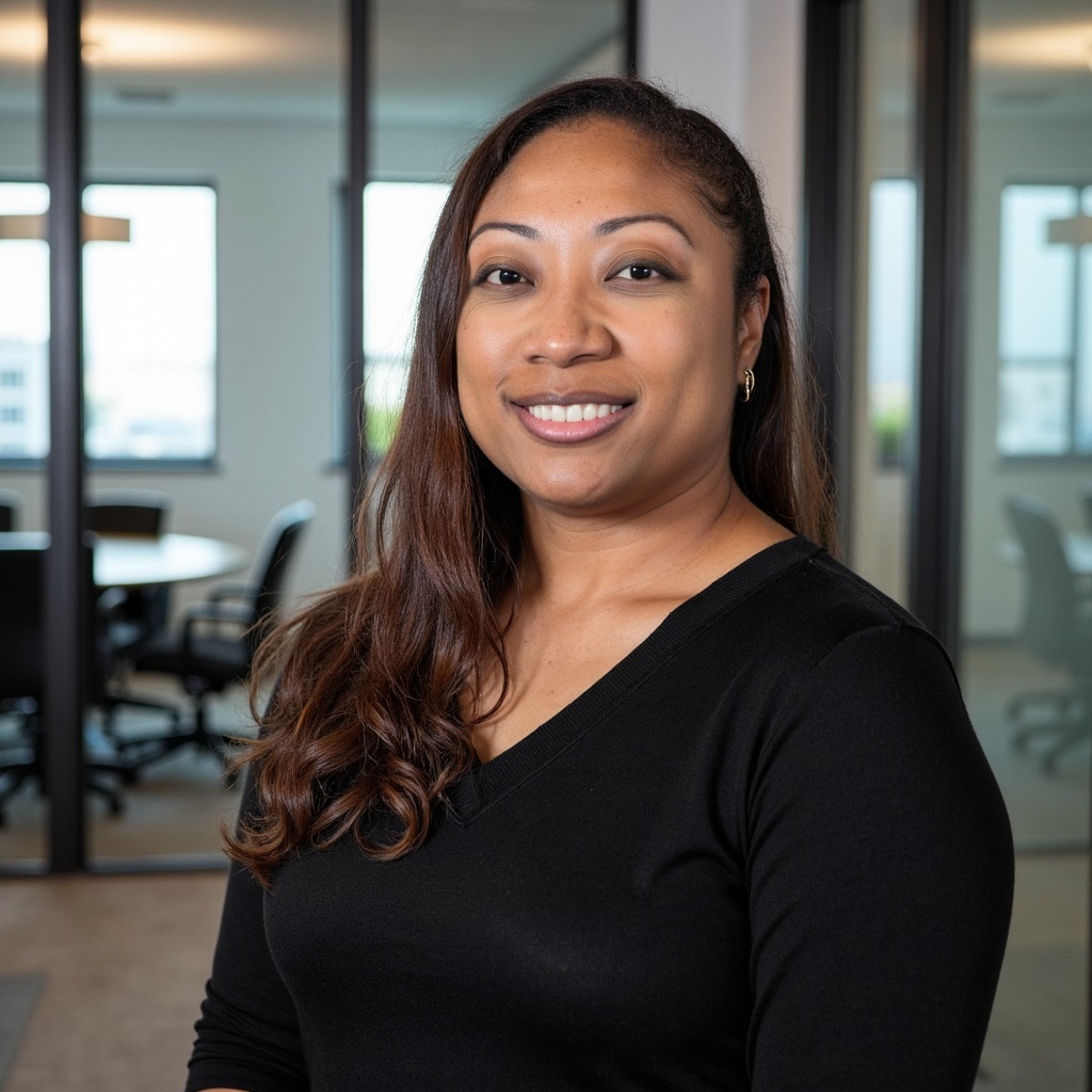 Dr. Gonzales is smiling into the camera. She is wearing a black v-neck top, and her office is in the background.