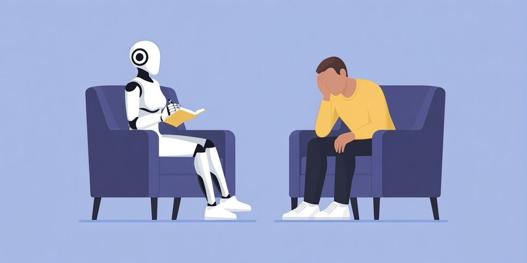 Psychologist AI humanoid robot talking with a patient Therapist AI humanoid robot talking with a sad depressed client, artificial intelligence and psychology concept